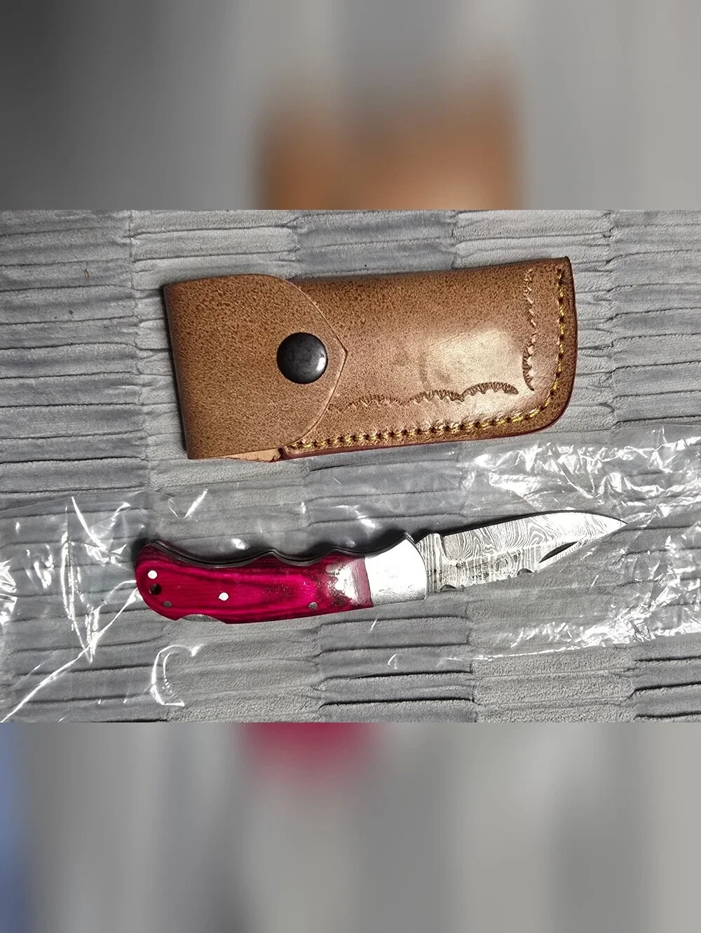 Damascus Folding Pocket Knife with Leather Sheath